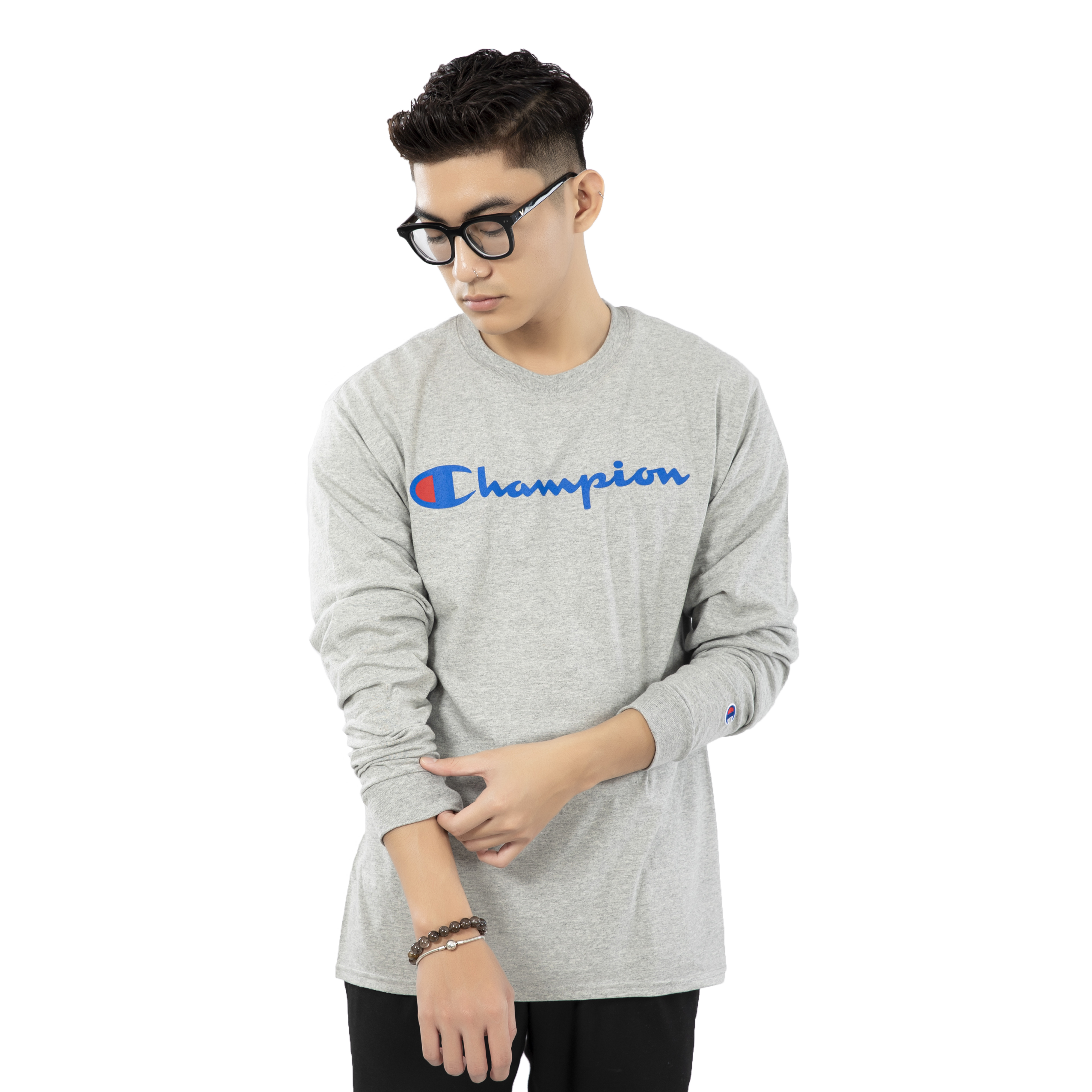 Champion Heritage Direct Flock Script Long Sleeve Oxford Grey